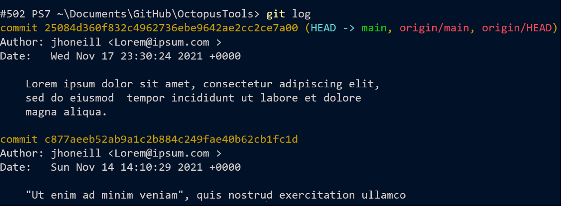 The log sub-command in git showing colouring and layout issues