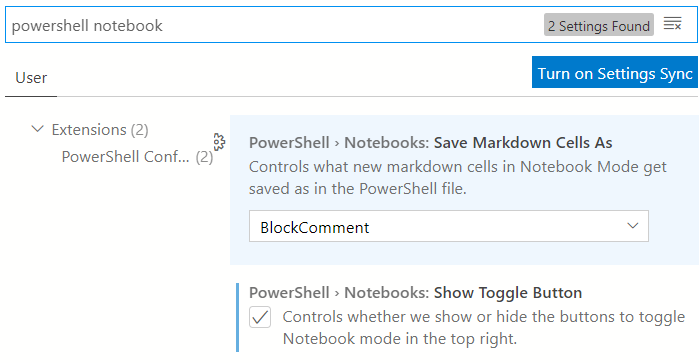 Screen shot of settings in VSCode for PowerShell notebook functionality (preview) showing options, "Save Markdown Cells As" and "Show Toggle Button"