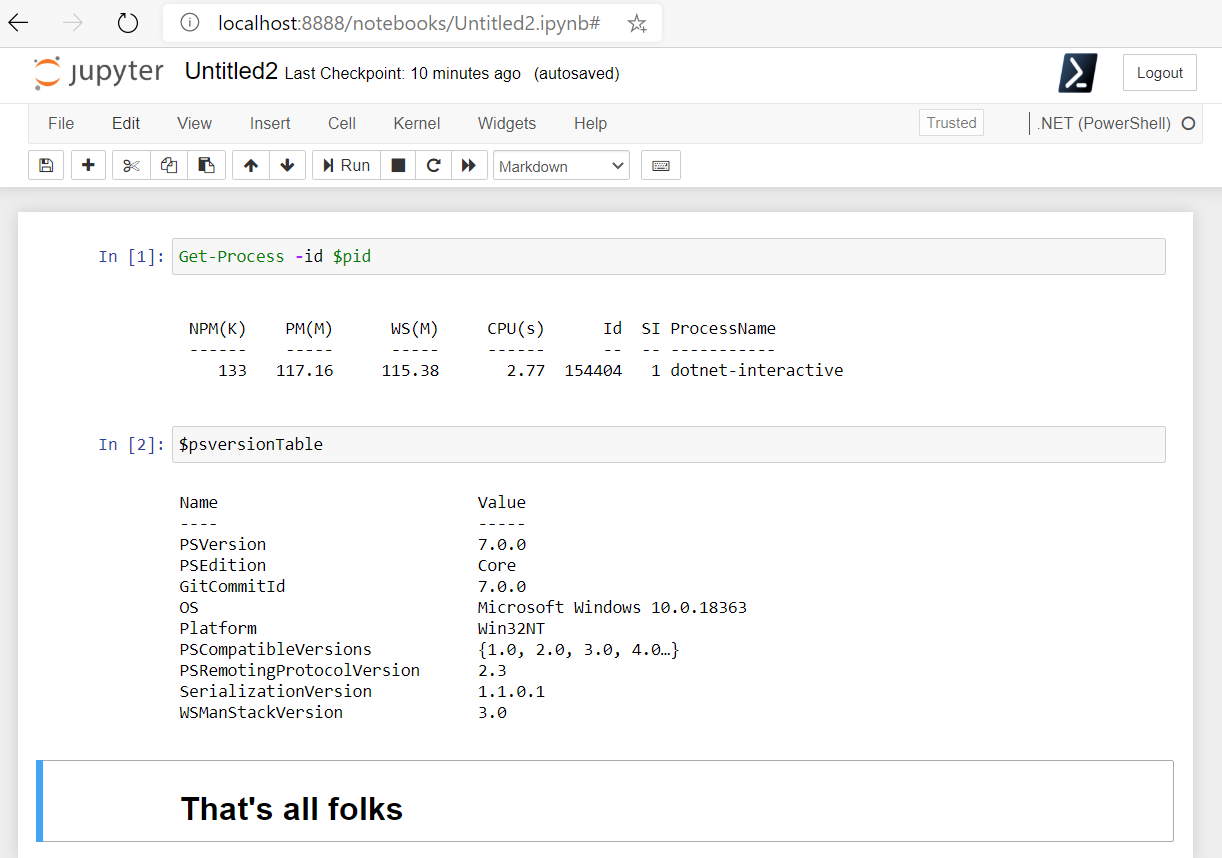 Screen shot of a Jupyter notebook in the Web UI showing two cells with PowerShell code and their related output and one cell with Markdown text. 
