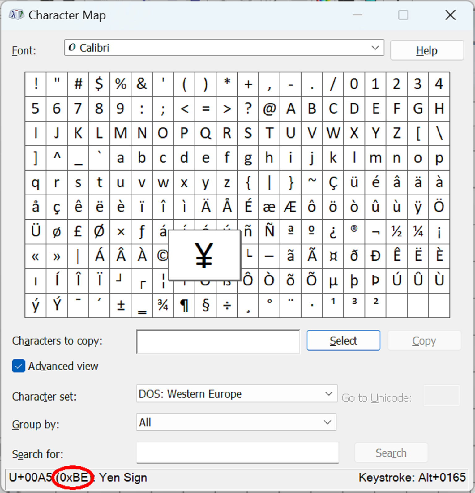 CharMap utility showing the DOS-Western Europe code page